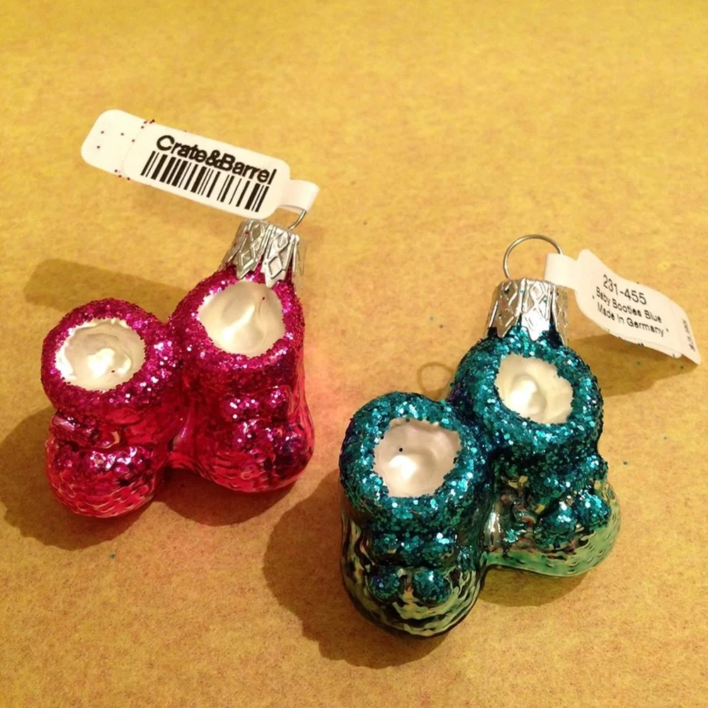 Crate&Barrel Glittery Pink and Blue Candle mini Bootie Ornaments New
